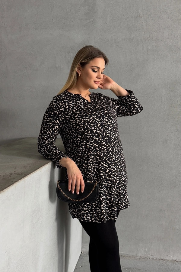 Büyük Beden Gömlek Yaka Yarım Kollu Desenli Esnek Bluz 322268 Vervegrand