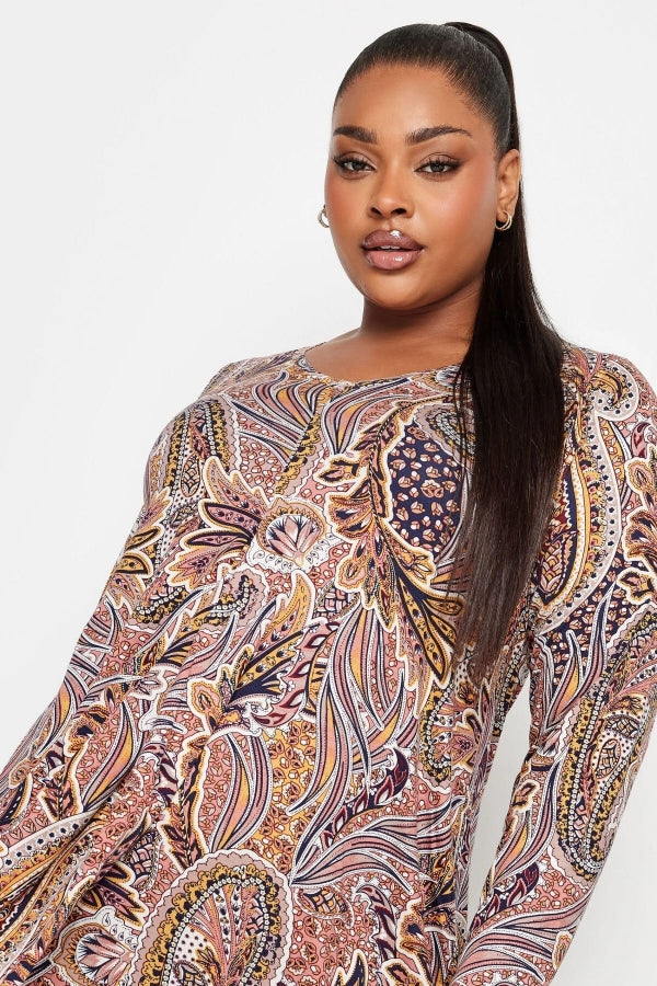 Büyük Beden V Yaka Uzun Kollu Çiçek Desenli Kısa Elbise 302735 Vervegrand