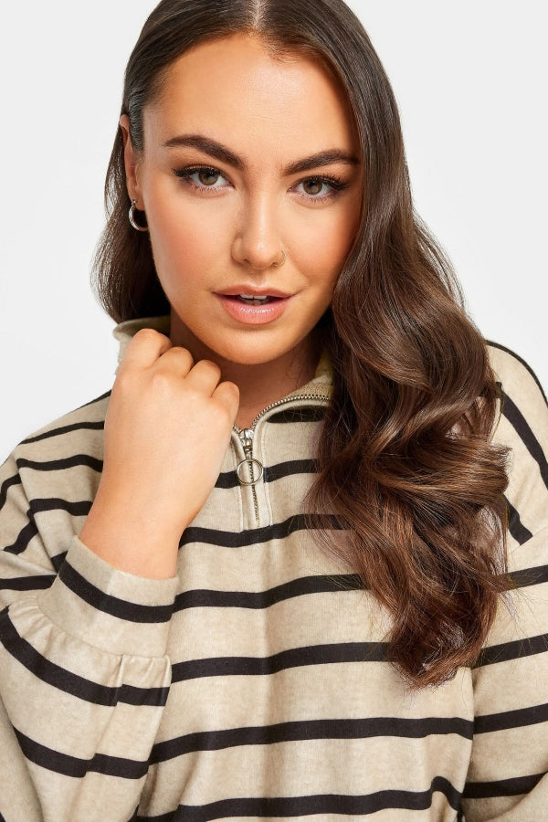 Büyük Beden Fermuarlı Polo Yaka Uzun Kollu Çizgili Elbise 302881 Vervegrand