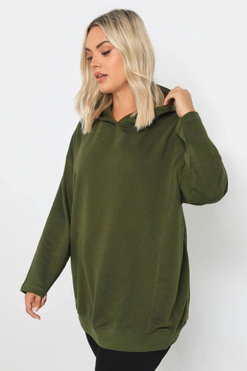 Vervegrand büyük beden kapüşonlu haki sweatshirt yan görünüm