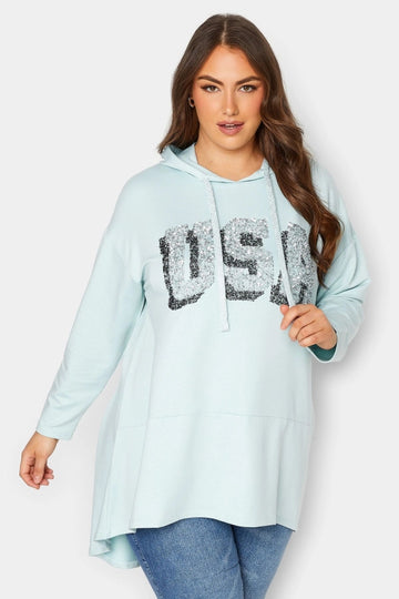 Vervegrand büyük beden kapüşonlu payetli sweatshirt mavi