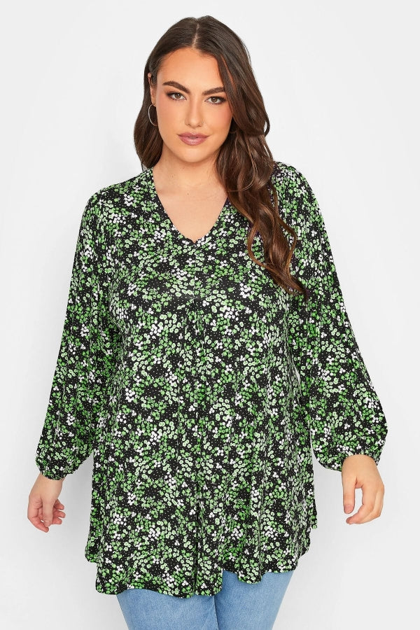 Büyük Beden V Yaka Uzun Kollu Bilekleri Lastikli Eteği Fırfrılı Likralı Bluz 320636 Vervegrand