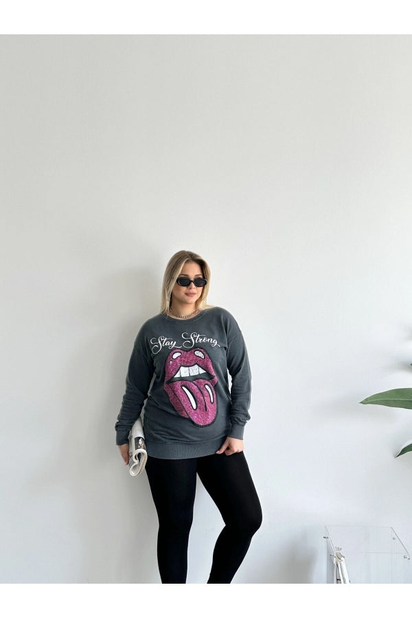 Büyük Beden Bisiklet Yaka Baskılı Pul Detaylı Yıkamalı Sweatshirt 301252 Vervegrand
