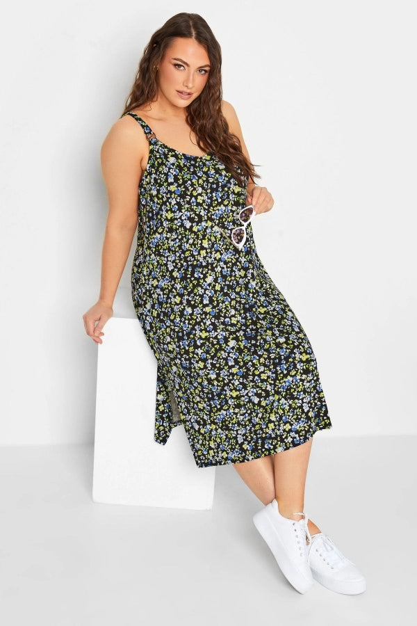 Büyük Beden Yırtmaç Detaylı Çiçek Desenli Askılı Elbise 302296 Vervegrand