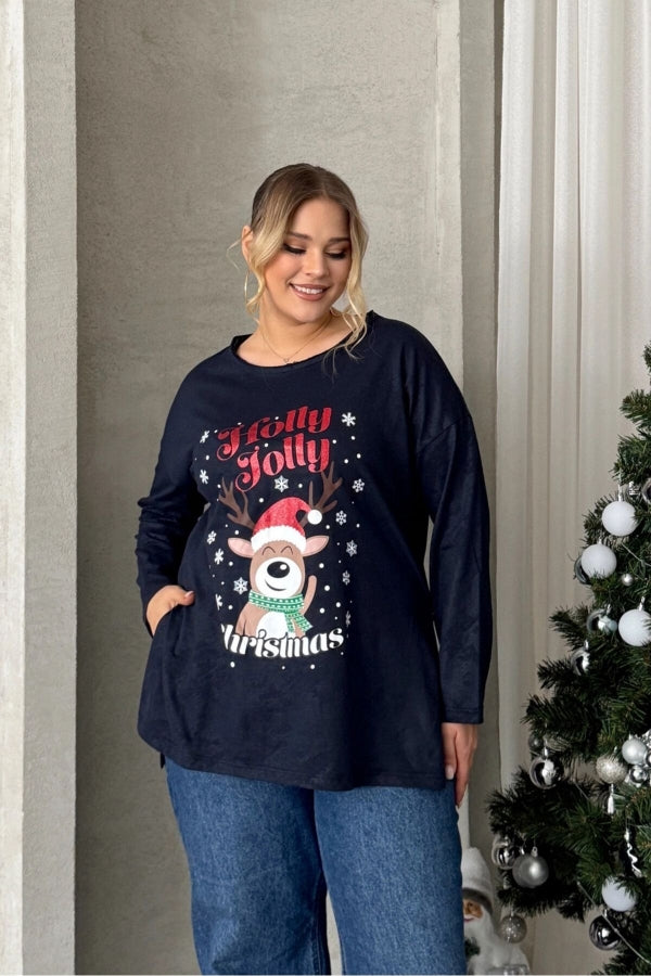 Büyük Beden Yılbaşı Temalı Bisiklet Yaka Uzun Kollu Yırtmaçlı Sweatshirt 303909 Vervegrand