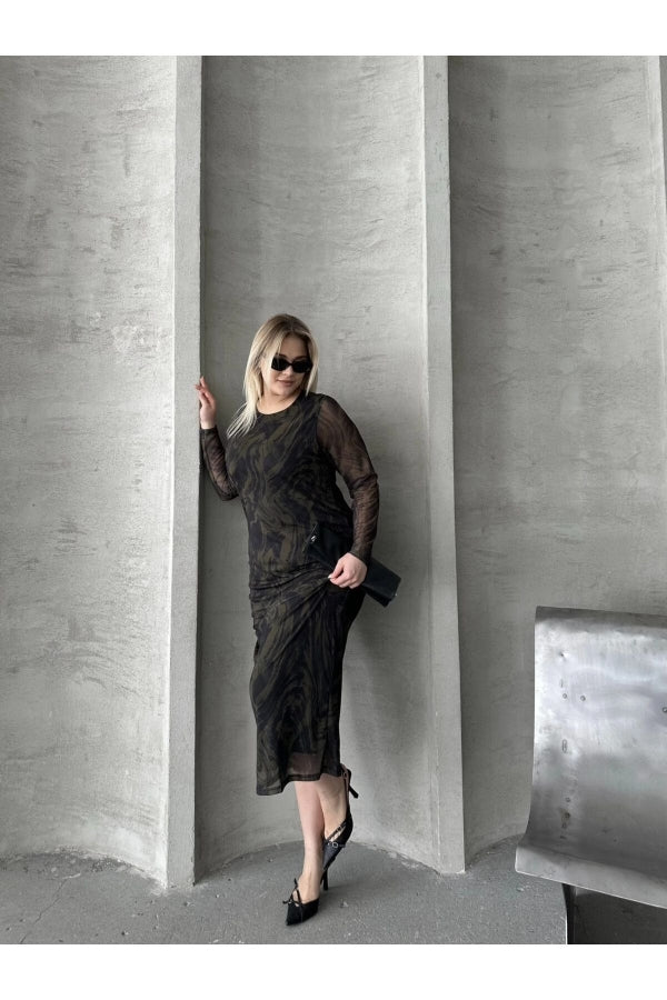 Büyük Beden Uzun Tül Kol Astarlı Mesh Midi Elbise 216292 Vervegrand