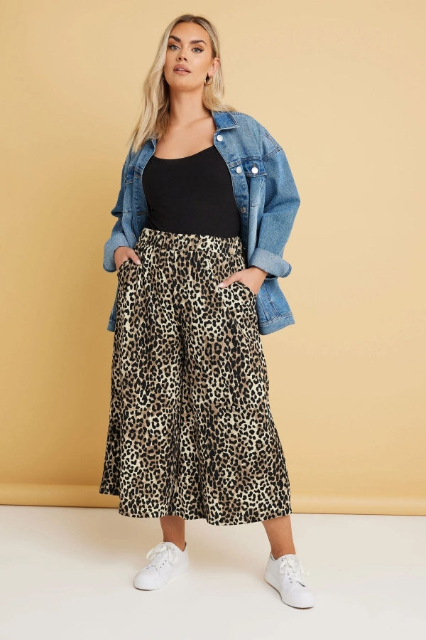 Büyük Beden Beli Lastikli Cepli Leopar Desenli Midi Bol Paça Pantolon 145267 Vervegrand