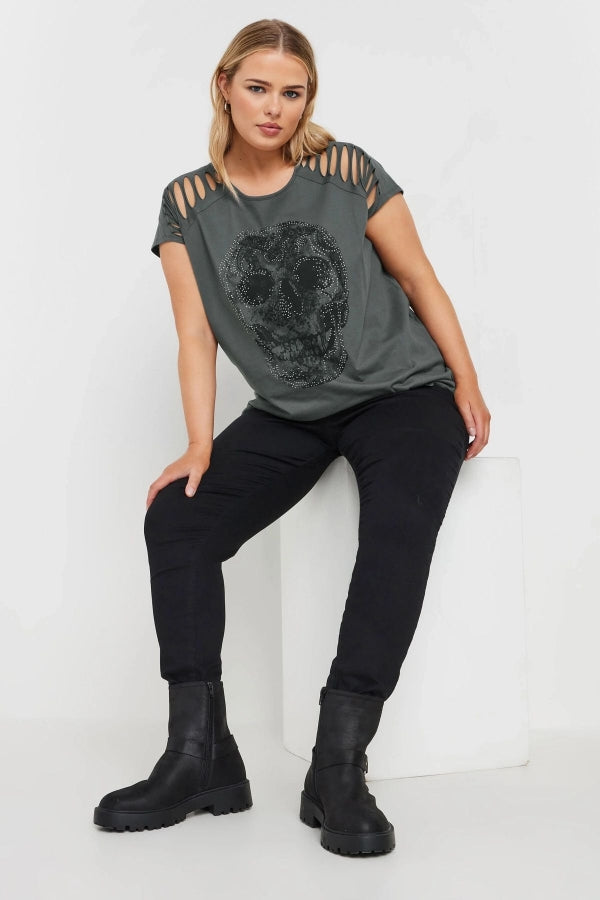 Büyük Beden Bisiklet Yaka Kesik Omuz Detaylı Taş Baskılı T-shirt 322123 Vervegrand