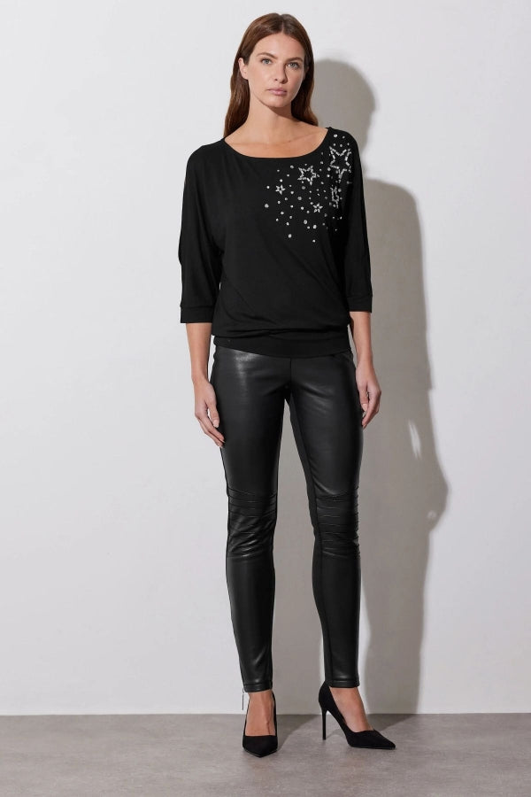 Geniş Bisiklet Yaka Yarım Kollu Yıldız Taş İşlemeli Beli Lastikli Bluz 110695 Vervegrand