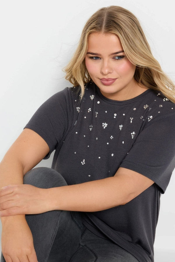 Büyük Beden Bisiklet Yakası Taş İşlemeli Kısa Kollu T-shirt 322289 Vervegrand