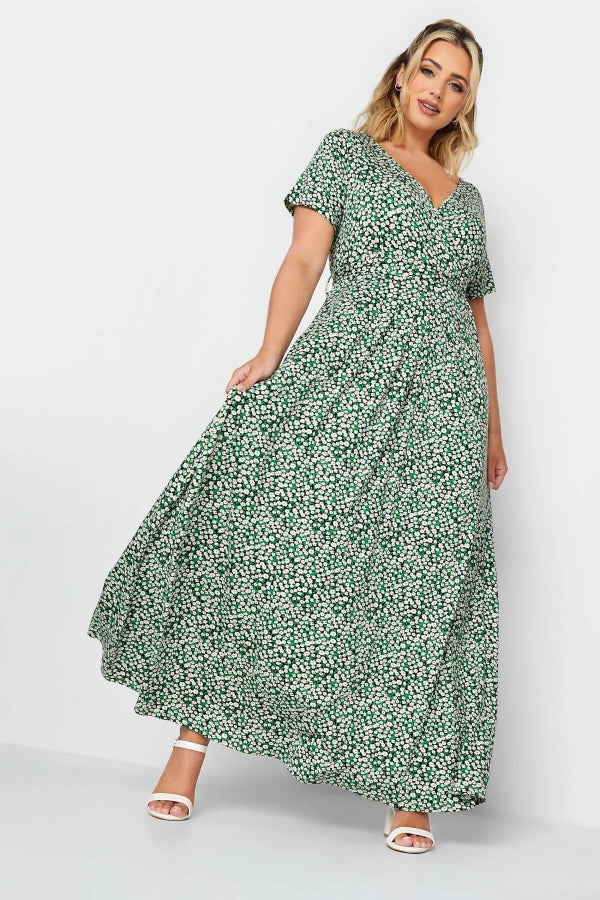 Büyük Beden Desenli V Yaka Uzun Esnek Kumaş Elbise 302372 Vervegrand