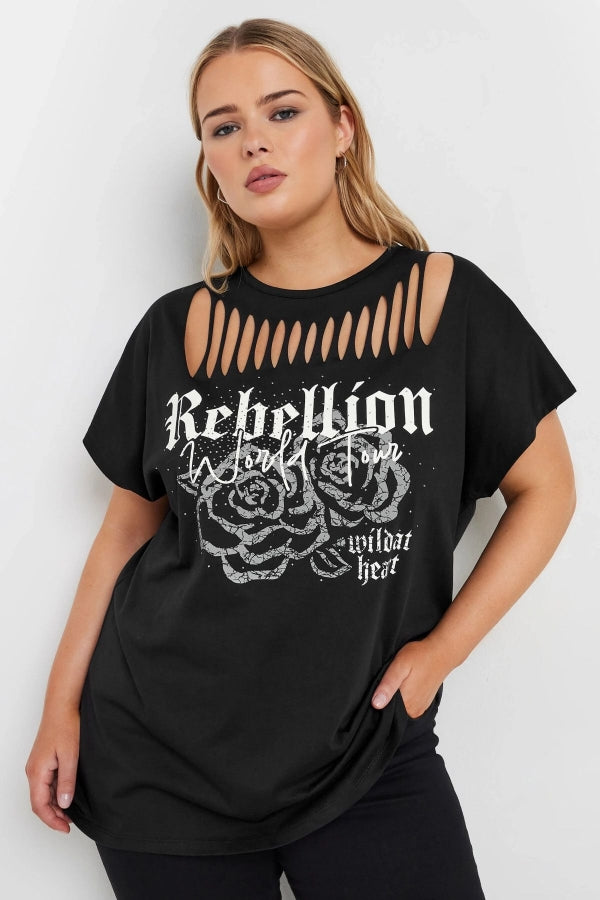 Büyük Beden Bisiklet Yaka Yırtık Detaylı Kısa Kollu Baskılı T-shirt 322124 Vervegrand