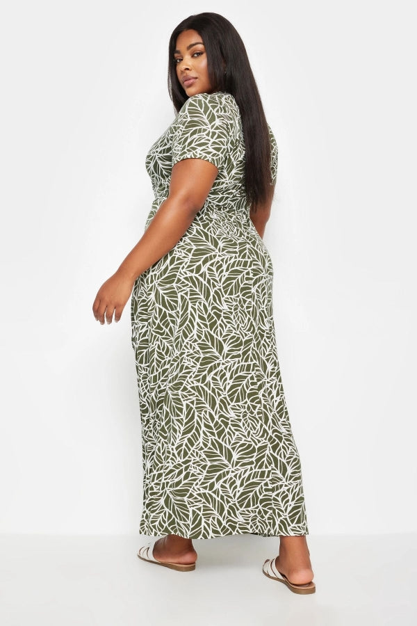 Büyük Beden V Yaka Kısa Kollu Kuşaklı Desenli Uzun Elbise 137860 Vervegrand