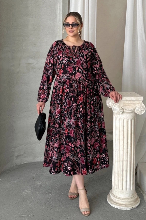 Büyük Beden Önü Bağlamalı Desenli Uzun Kollu Midi Elbise 615699 Vervegrand