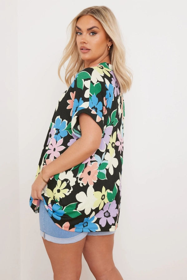 Büyük Beden Önü Düğmeli Kısa Kollu Çiçek Desenli Gömlek 303964 Vervegrand