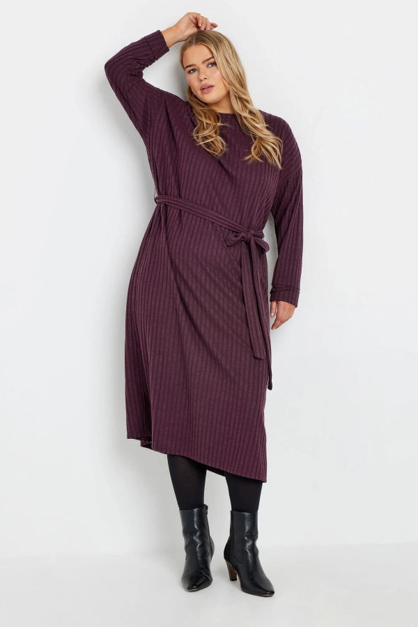 Büyük Beden Kuşaklı Düz Kesim Fitilli Uzun Kollu Astarsız Midi Elbise 322195 Vervegrand