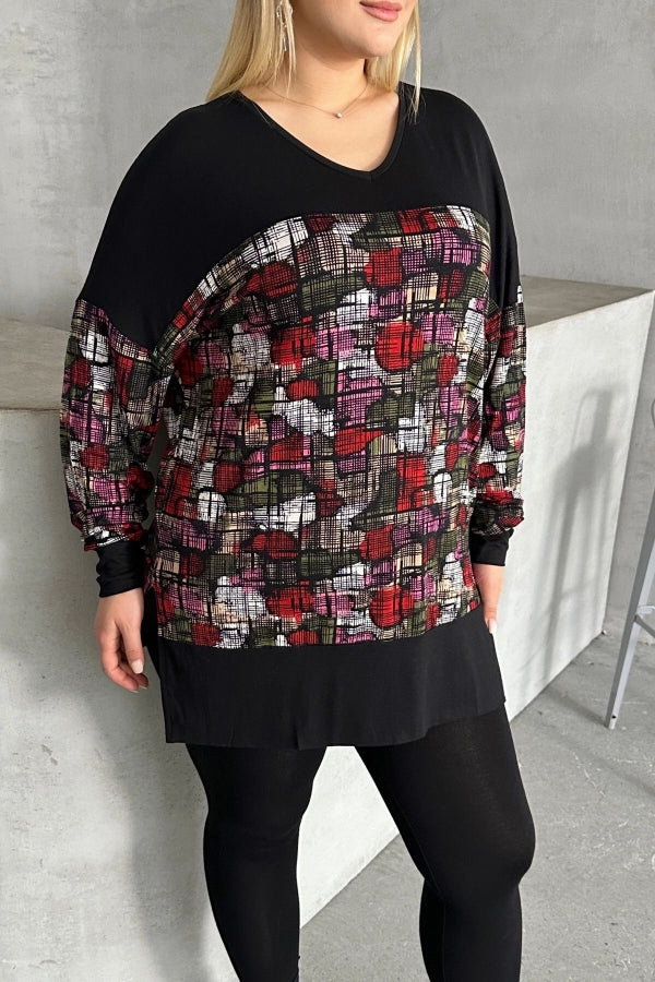 Büyük Beden V Yaka Uzun Kollu Desenli Likralı Bluz 303363 Vervegrand