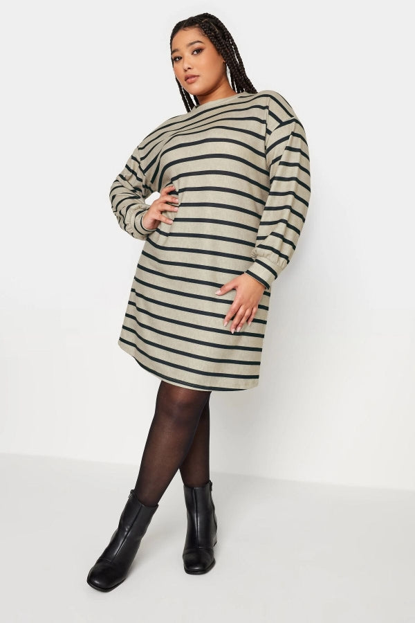 Büyük Beden Bisiklet Yaka Uzun Kollu Çizgili Kısa Elbise 302882 Vervegrand