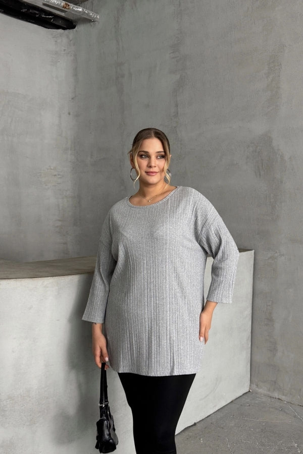 Büyük Beden Bisiklet Yaka Yarım Kollu Yırtmaçlı Fitilli İnce Bluz 173712 Vervegrand