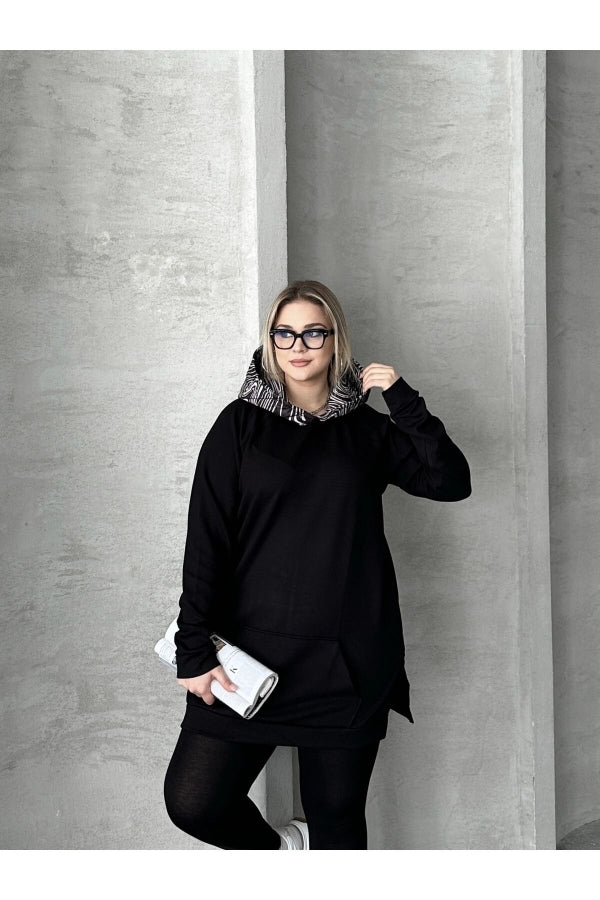 Büyük Beden Uzun Kollu Kapüşonlu Kanguru Cepli Yanları Yırtmaçlı Sweatshirt 300372 Vervegrand