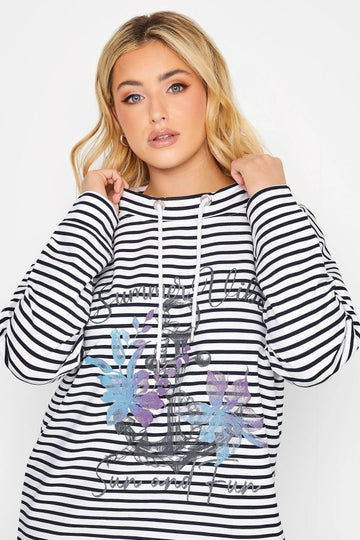 Vervegrand büyük beden çizgili çapa baskılı sweatshirt yakın çekim