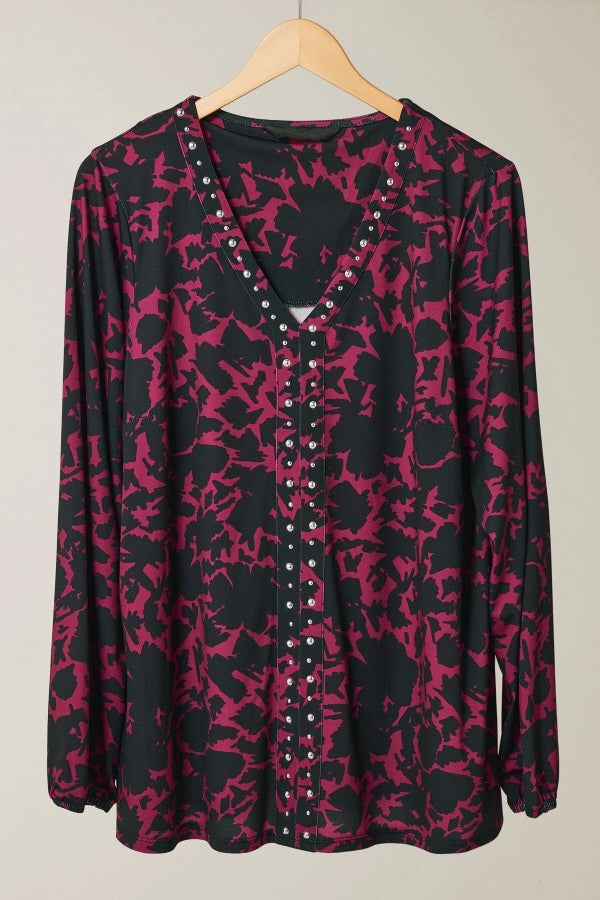 Büyük Beden V Yaka Uzun Kollu Taş Detaylı Desenli Bluz 615713 Vervegrand