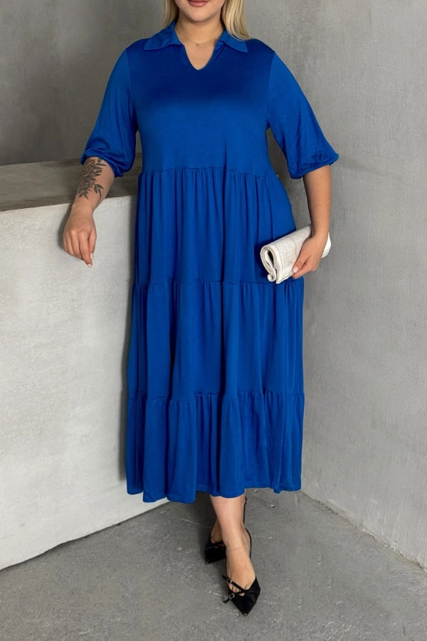 Büyük Beden V Yaka Yarım Kollu Beli Lastikli Uzun Elbise 302149 Vervegrand