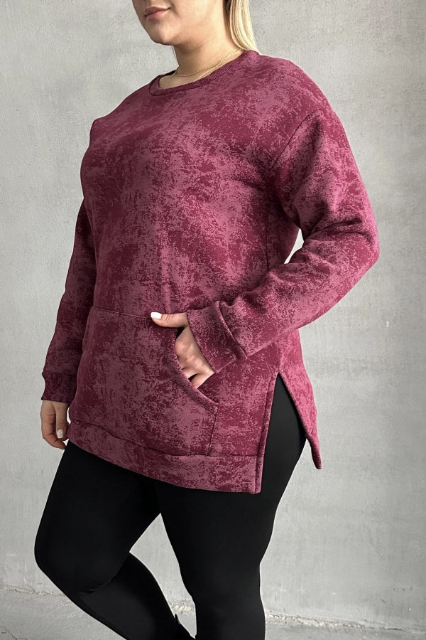 Büyük Beden Uzun Kollu Bisiklet Yaka Önü Cepli Desenli Sweatshirt 106-78 Vervegrand