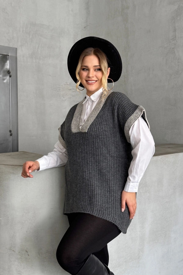 Büyük Beden V Yaka Kısa Kollu Triko Süveter 302138 Vervegrand