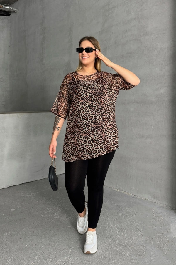 Büyük Beden Bisiklet Yaka Yarım Kollu Astarlı Transparan Bluz 303631 Vervegrand