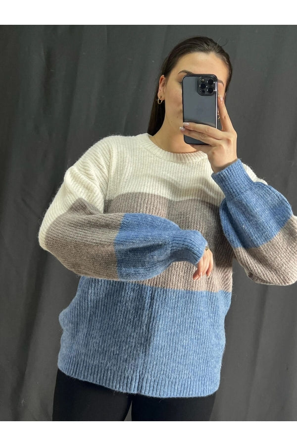 Büyük Beden Bisiklet Yaka Renk Geçişli Uzun Kollu Triko Kazak 302344 Vervegrand