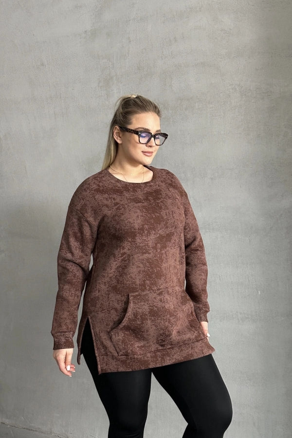 Büyük Beden Uzun Kollu Bisiklet Yaka Önü Cepli Desenli Sweatshirt 106-79 Vervegrand