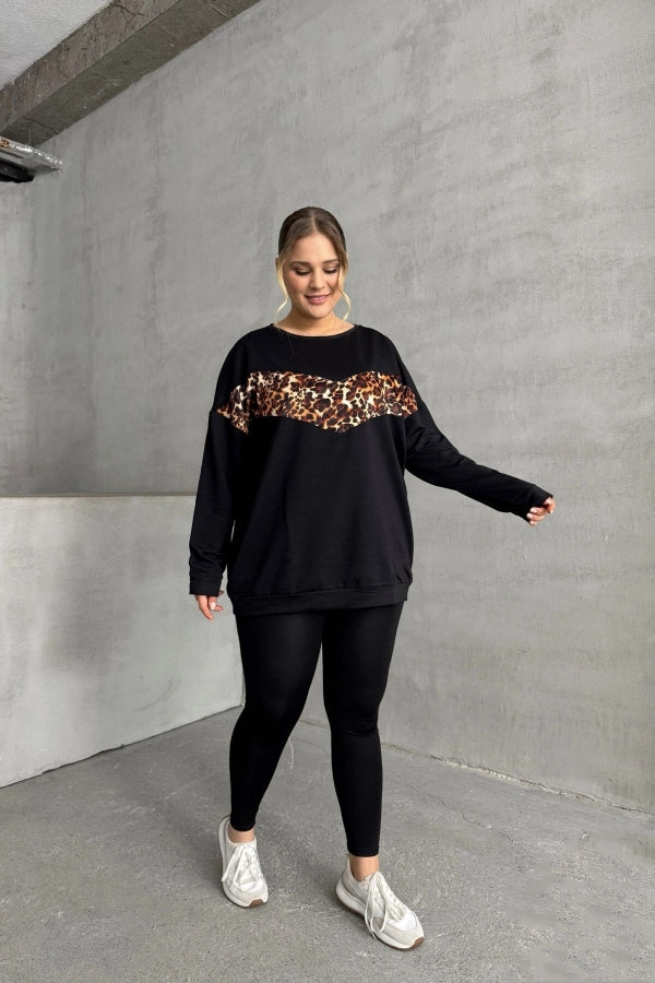 Büyük Beden Bisiklet Yaka Uzun Kollu Leopar Desenli Sweatshirt 300335 Vervegrand