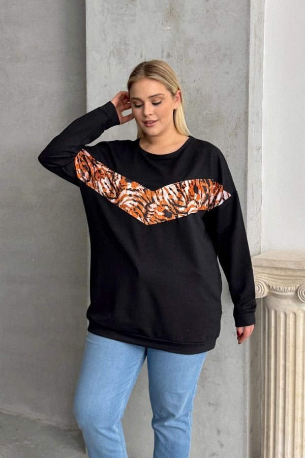 Büyük Beden Bisiklet Yaka Uzun Kollu Leopar Desenli Sweatshirt 300281 Vervegrand