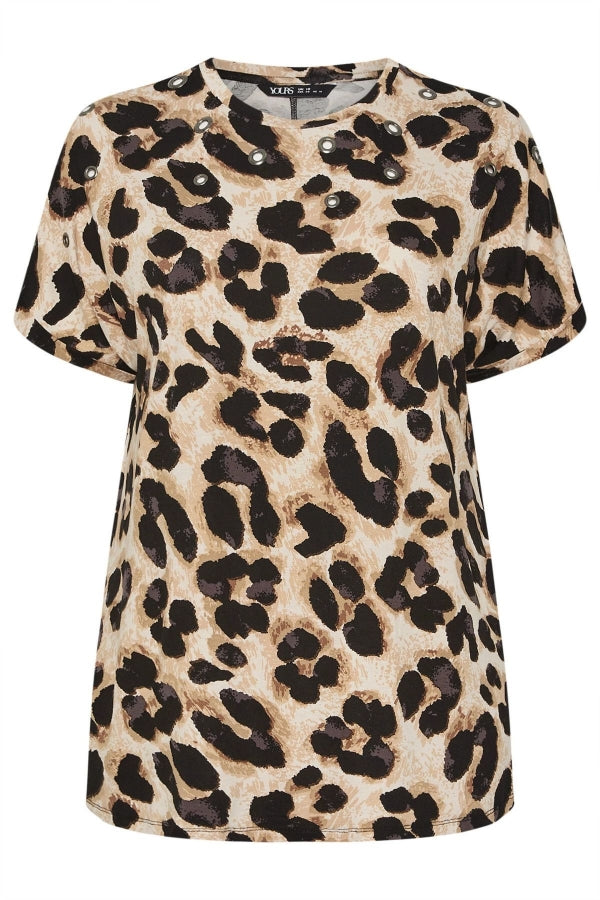 Büyük Beden Bisiklet Yaka Kısa Kollu Kuşgözü Detaylı Leopar Desenli Bluz 304127 Vervegrand