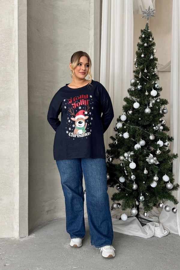 Büyük Beden Yılbaşı Temalı Bisiklet Yaka Uzun Kollu Yırtmaçlı Sweatshirt 303909 Vervegrand