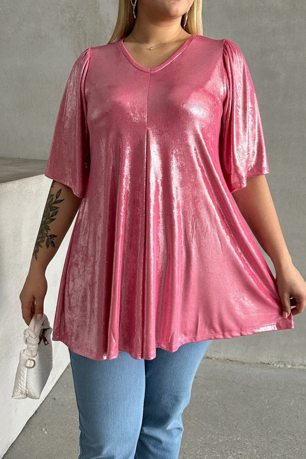 Büyük Beden V Yaka Kısa Kollu Parlak Görünümlü Bluz 303380 Vervegrand