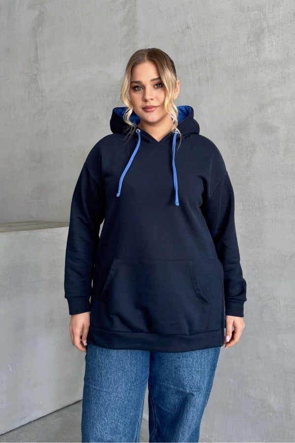 Büyük Beden Uzun Kollu Kapüşonlu Kanguru Cepli Yanları Yırtmaçlı Sweatshirt 303850 Vervegrand