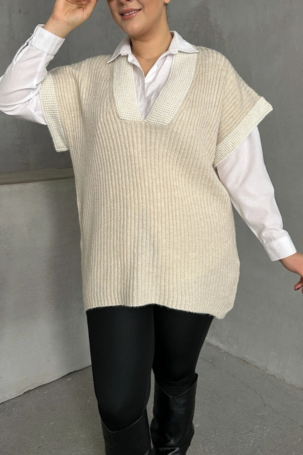 Büyük Beden V Yaka Kısa Kollu Triko Süveter 302137 Vervegrand