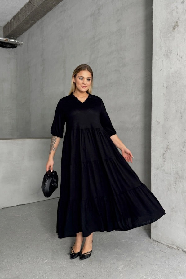 Büyük Beden V Yaka Yarım Kollu Beli Lastikli Uzun Elbise 302150 Vervegrand