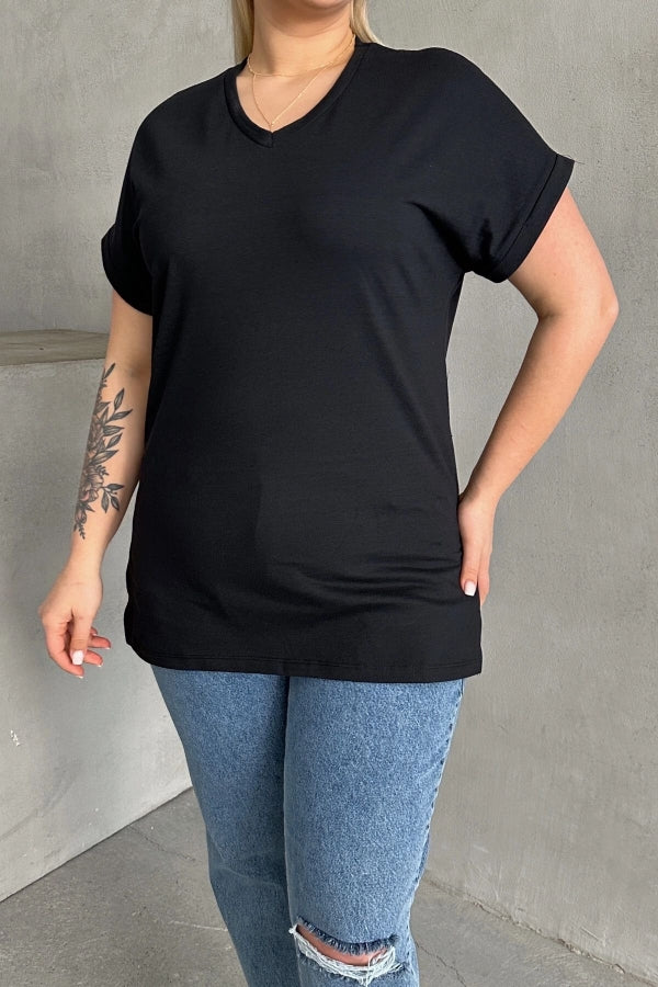 Büyük Beden Kısa Kollu V Yaka Yanları Yırtmaçlı Basic T-shirt RFT-02 Vervegrand