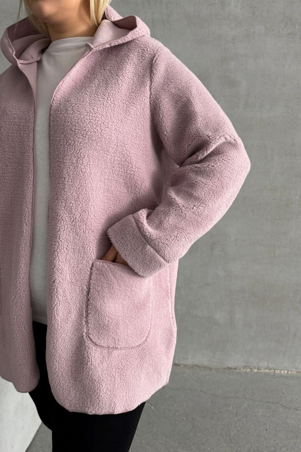 Büyük Beden Uzun Kollu Kapüşonlu Önü Kapamasız Cepli Peluş Ceket 97-14 Vervegrand