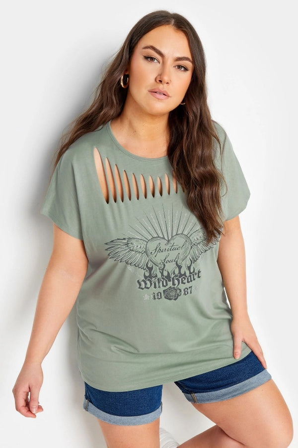 Büyük Beden Bisiklet Yaka Yırtık Detaylı Kısa Kollu Baskılı T-shirt 321750 Vervegrand
