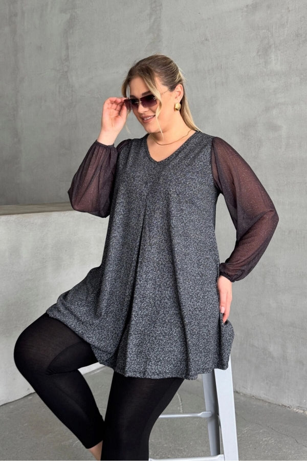 Büyük Beden Uzun Tül Kol V Yaka Bilekleri Lastikli Simli Bluz 78-132 Vervegrand