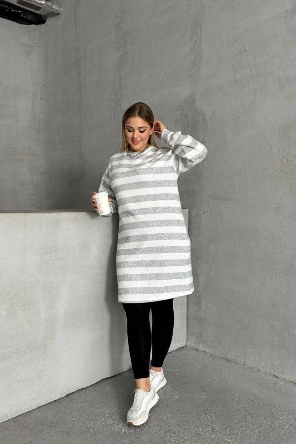 Büyük Beden Bisiklet Yaka Uzun Kollu Bileği Lastikli Çizgili Elbise 303063 Vervegrand