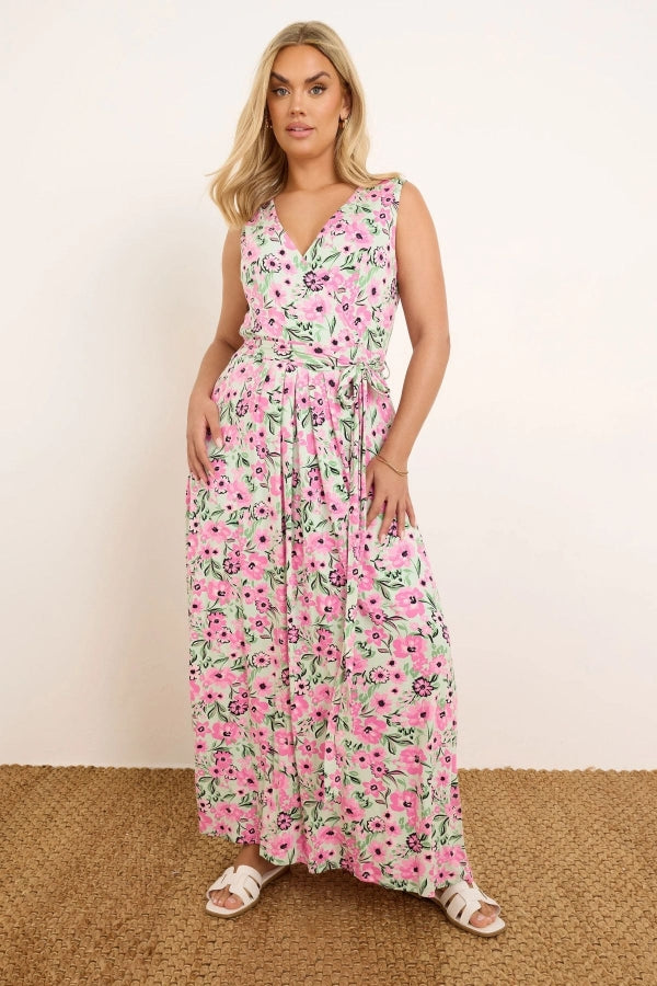 Büyük Beden V Yaka Sıfır Kol Beli Kuşaklı Desenli Maxi Elbise 303990 Vervegrand