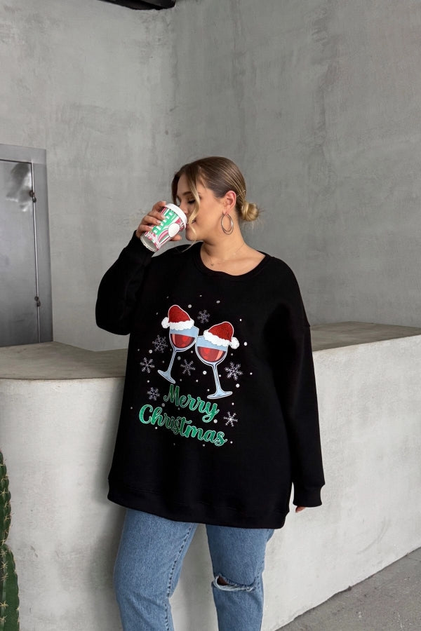 Büyük Beden Yılbaşı Temalı Bisiklet Yaka Uzun Kollu Sweatshirt 303819 Vervegrand