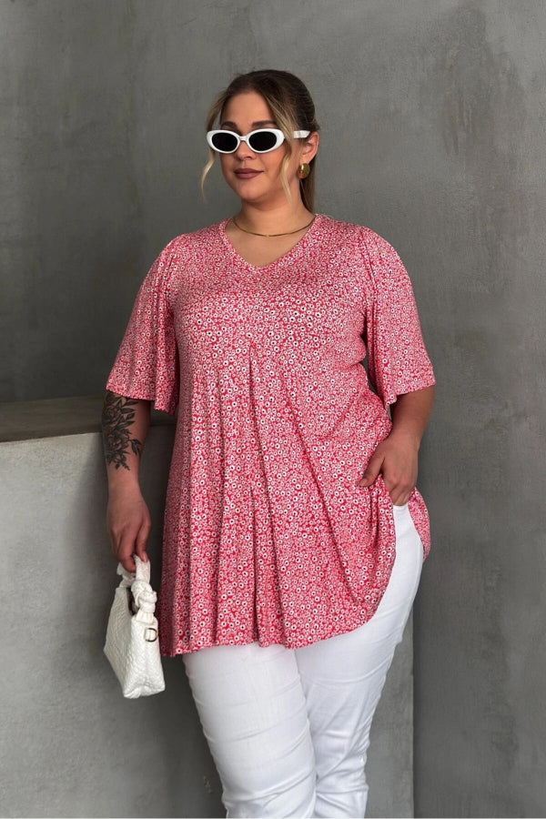 Büyük Beden V Yaka Kısa Kollu Eteği Bollaşan Desenli Bluz 98-5 Vervegrand