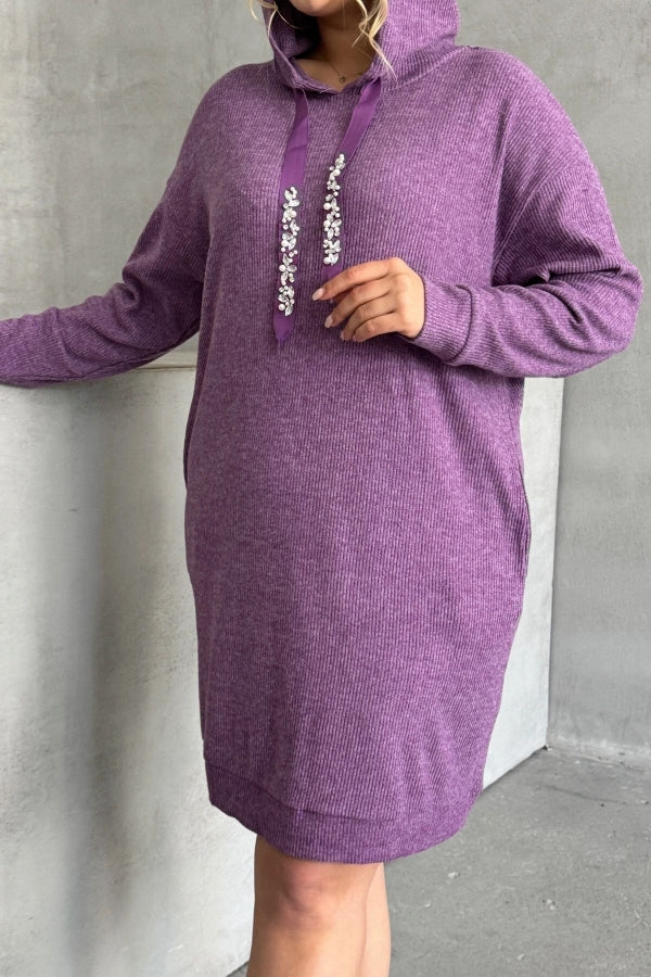 Büyük Beden Kapüşonlu Boncuk İşlemeli Cepli Sweatshirt Elbise 301802 Vervegrand