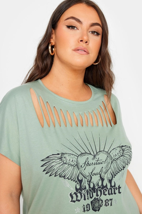 Büyük Beden Bisiklet Yaka Yırtık Detaylı Kısa Kollu Baskılı T-shirt 321750 Vervegrand